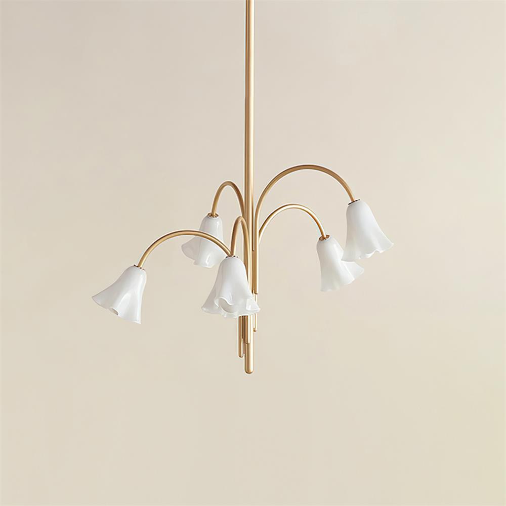 Chandelier Flower-Shaped Glass Shades on Gold Metal Arms for Dining - Lamp Copper
