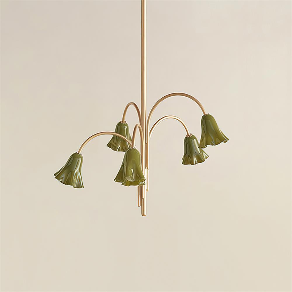Chandelier Flower-Shaped Glass Shades on Gold Metal Arms for Dining - Lamp Copper