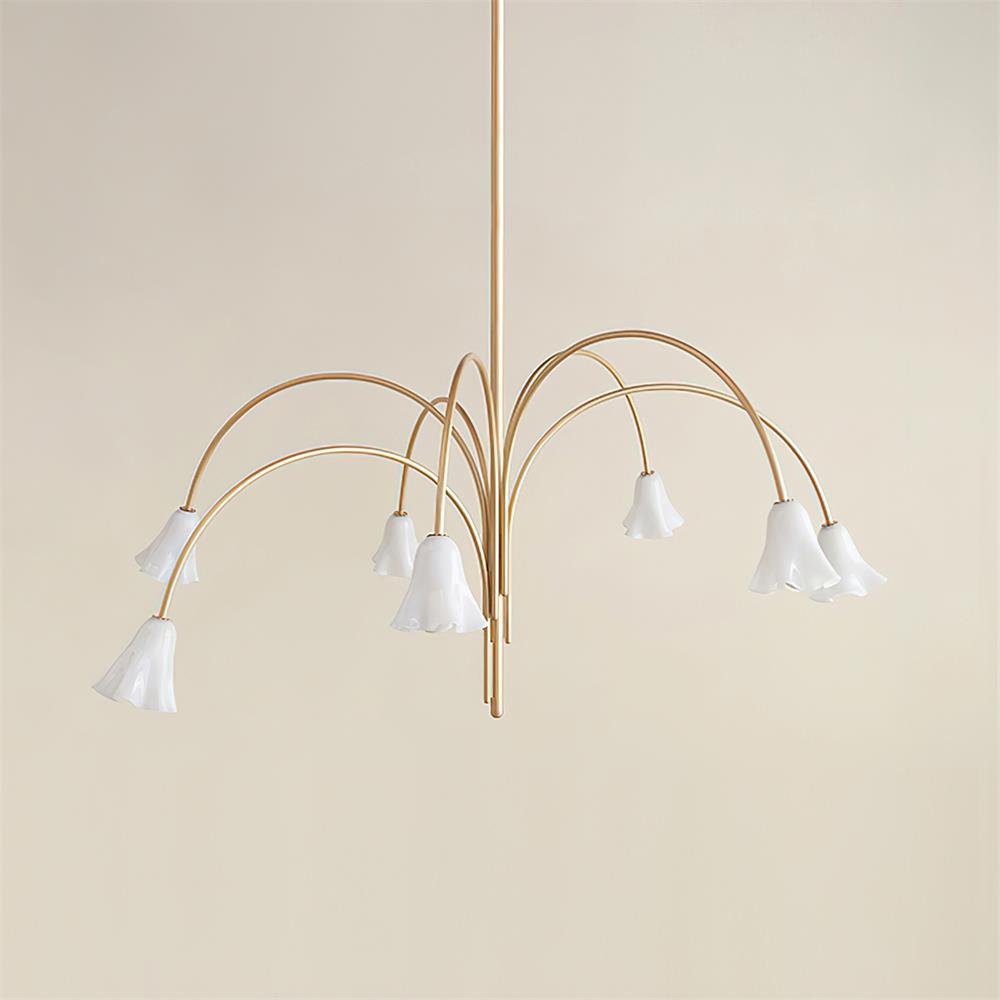 Chandelier Flower-Shaped Glass Shades on Gold Metal Arms for Dining - Lamp Copper