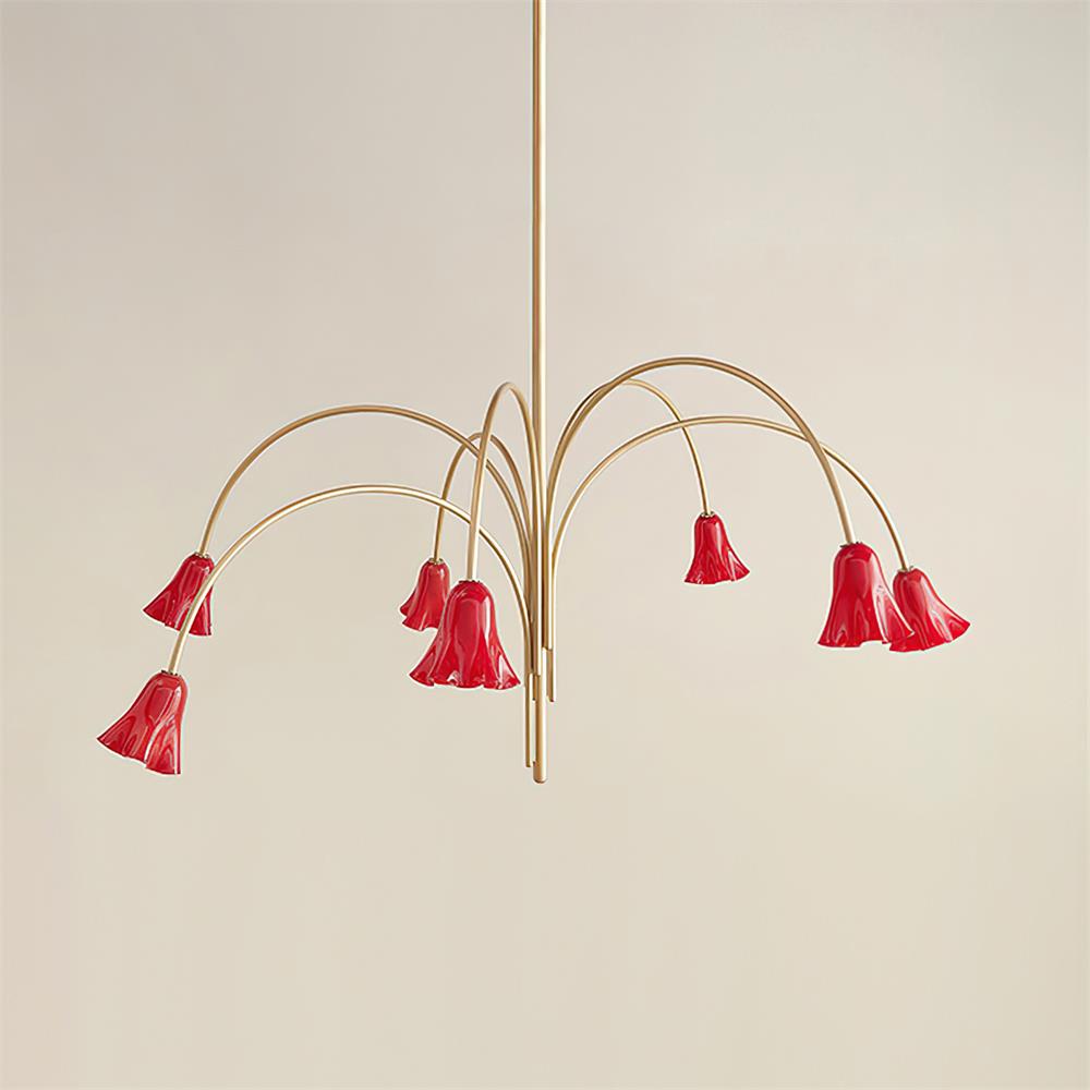 Chandelier Flower-Shaped Glass Shades on Gold Metal Arms for Dining - Lamp Copper