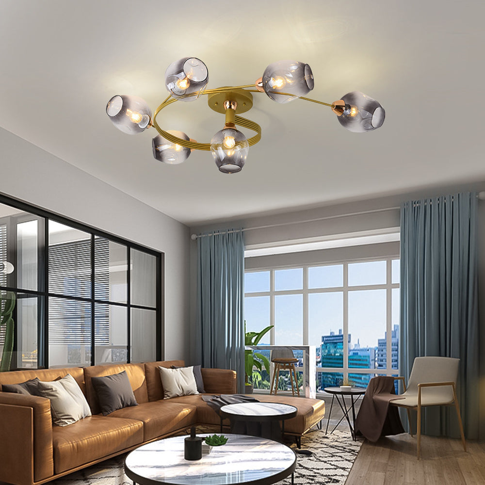 Valentina Flush Mount Ceiling Light, Glass, Black/Gold, Dining Room - Lamp Copper