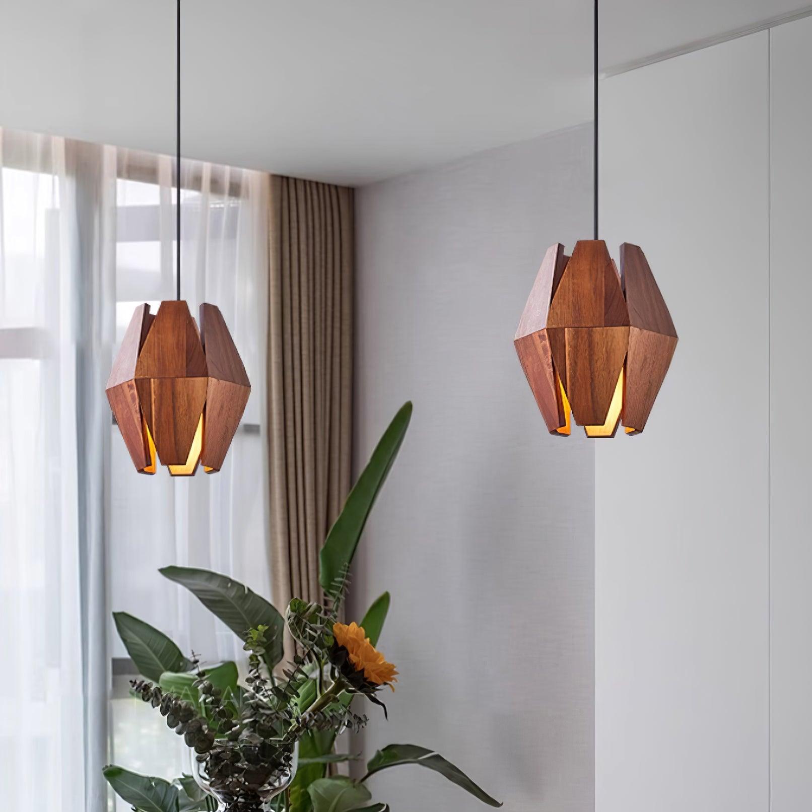 Pendant Lamp Geometric Wood Shade Warm Glow Nordic Minimalist Accent - Lamp Copper