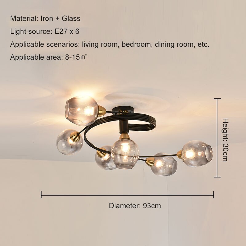 Valentina Flush Mount Ceiling Light, Glass, Black/Gold, Dining Room - Lamp Copper