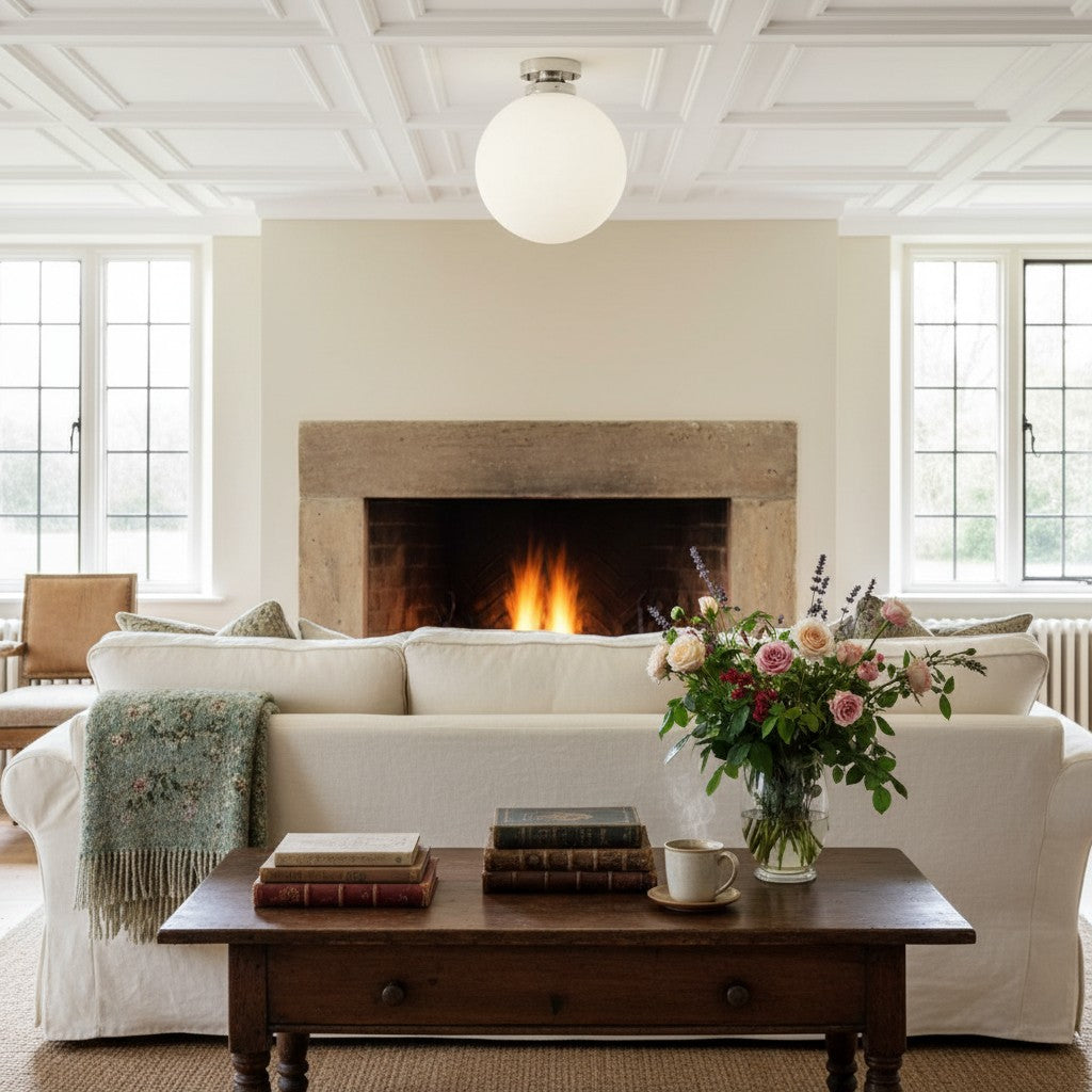 Pearl White Brass Globe Ceiling Light  Contemporary
