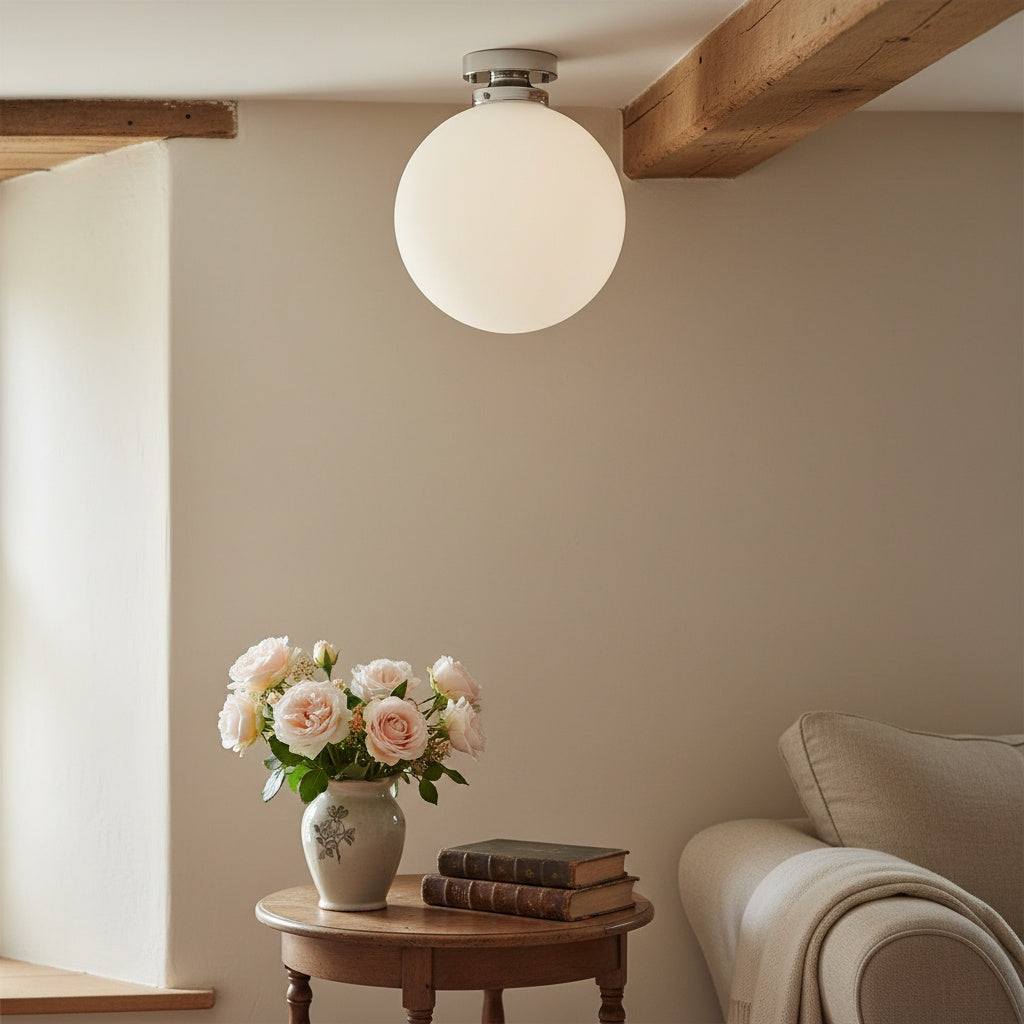 Pearl White Brass Globe Ceiling Light  Contemporary