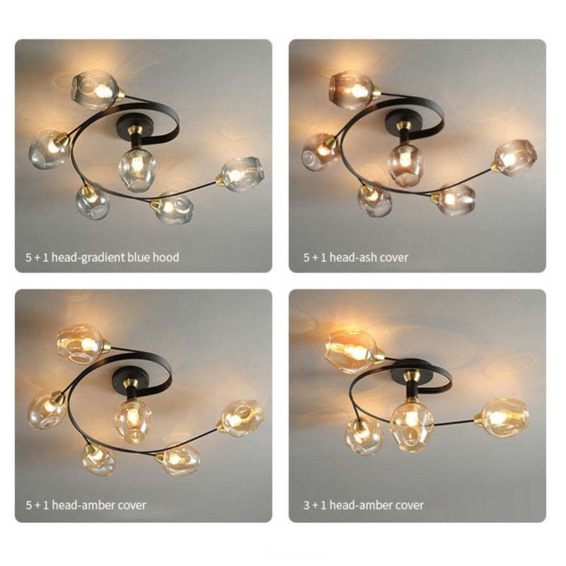 Valentina Flush Mount Ceiling Light, Glass, Black/Gold, Dining Room - Lamp Copper