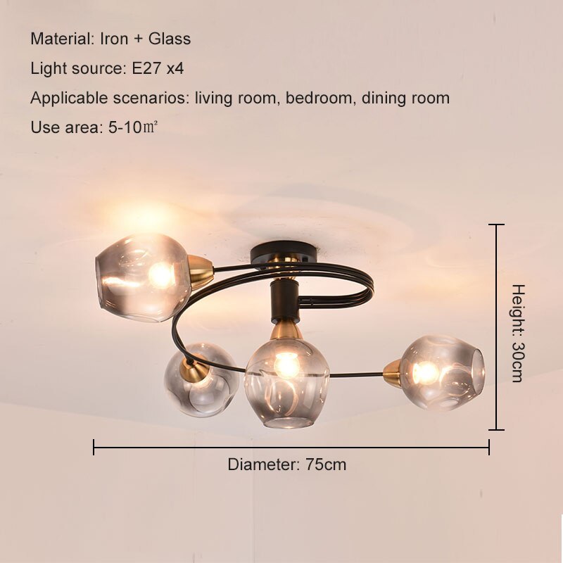 Valentina Flush Mount Ceiling Light, Glass, Black/Gold, Dining Room - Lamp Copper