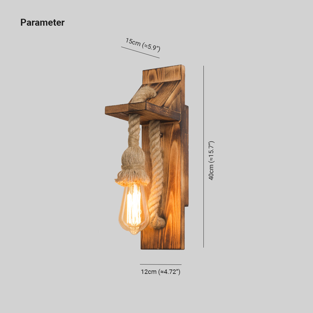 Epoch Vintage Rectangular LED Wall Light, Wood/Hemp Rope, Dining Room - Lamp Copper