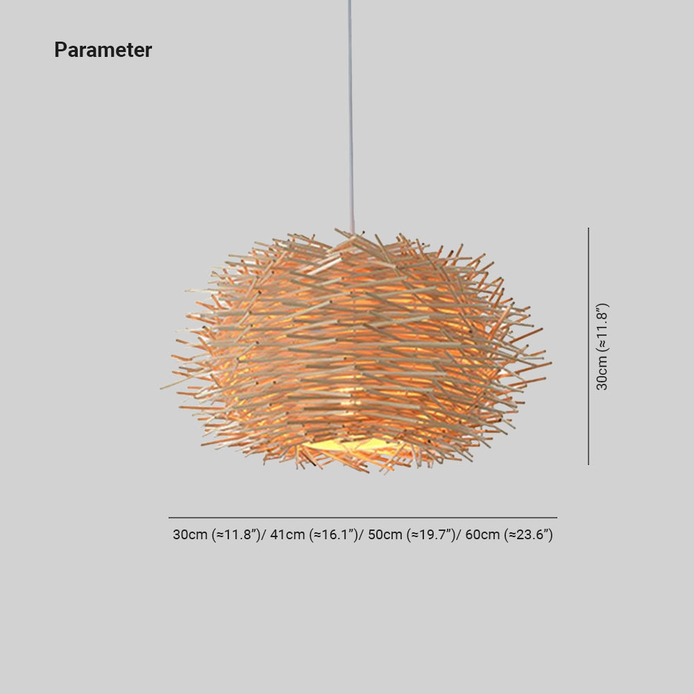 Muto Wooden Bird Nest Rattan Pendant Light, Brown/Wood - Lamp Copper