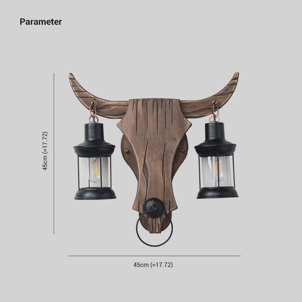 Austin Wall Lamp Bull Shape Vintage, 2 Heads Wood/Metal, Bedroom - Lamp Copper