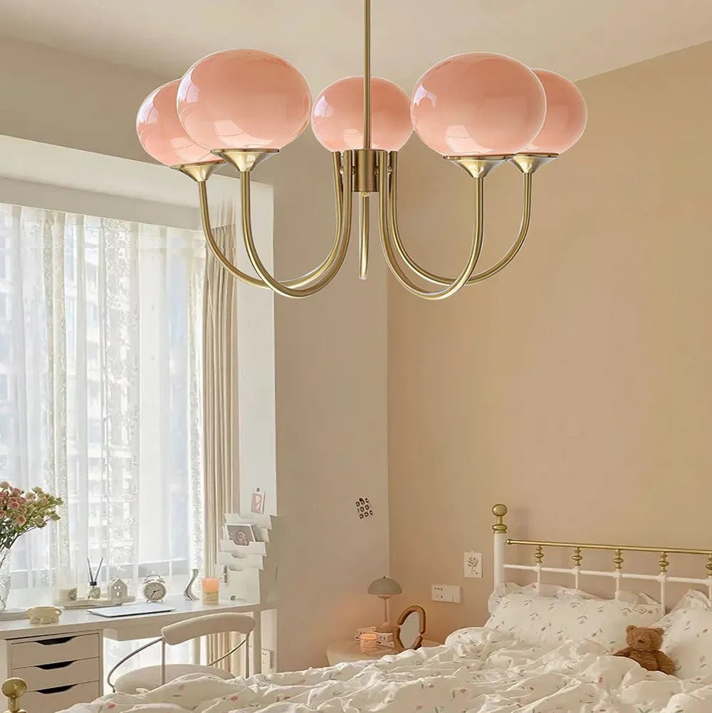 Valentina Retro Art Deco Globe Chandelier, White/Pink/Beige - Lamp Copper