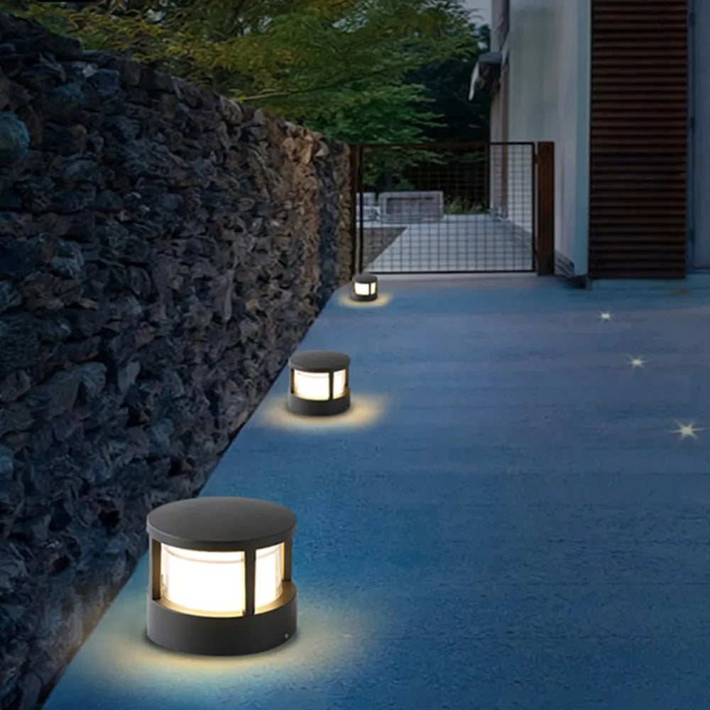 Zyra Modern Metal Cylindrical Outdoor Bollard Light, Black - Lamp Copper