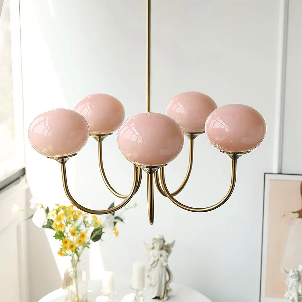 Valentina Retro Art Deco Globe Chandelier, White/Pink/Beige - Lamp Copper