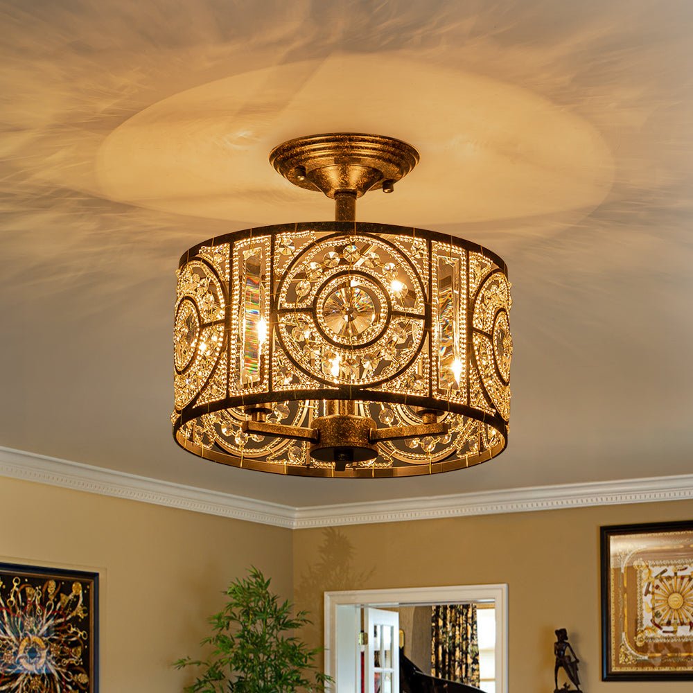 Ulfuli Luxe Moroccan Traditional Crystal Semi Flush Mount Ceiling Light - Lamp Copper