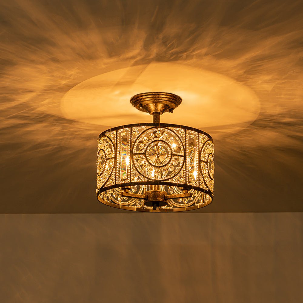 Ulfuli Luxe Moroccan Traditional Crystal Semi Flush Mount Ceiling Light - Lamp Copper