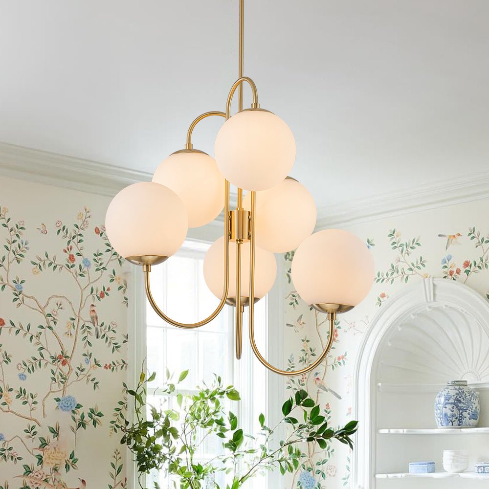 Rauduvyr Mid-Century Goose Arm Tiered Opal Glass Chandelier - Lamp Copper