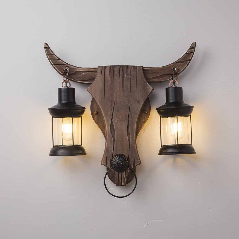 Austin Wall Lamp Bull Shape Vintage, 2 Heads Wood/Metal, Bedroom - Lamp Copper
